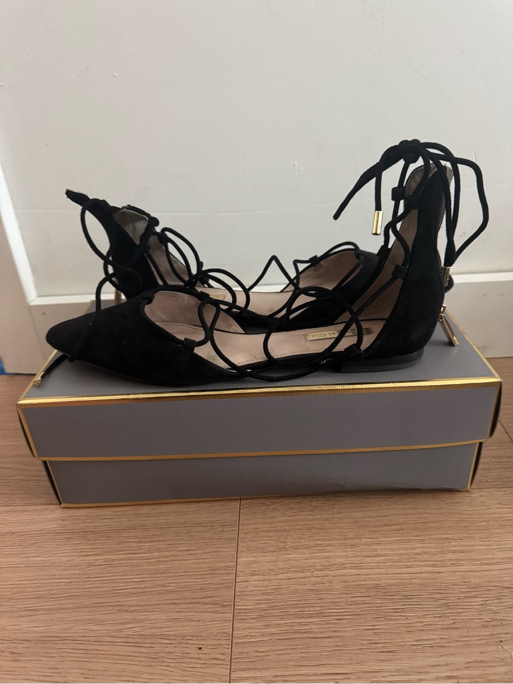 LOUISE ET CIE Black Suede Lace-Up Pointed Toe Flats